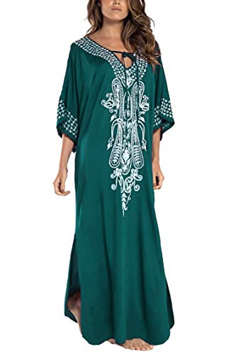 LikeJump Damen Bohemien Blumenstickerei Stickerei Bikini Cover Ups Übergröße Strandkleider Kaftan Kimono Badeanzug von LikeJump