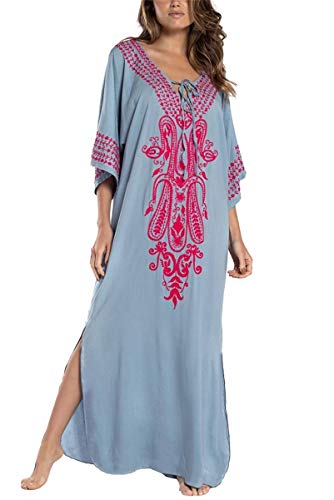 LikeJump Damen Bohemien Blumenstickerei Stickerei Bikini Cover Ups Übergröße Strandkleider Kaftan Kimono Badeanzug von LikeJump