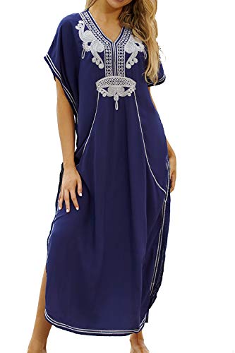 LikeJump Damen Bohemien Blumenstickerei Stickerei Bikini Cover Ups Übergröße Strandkleider Kaftan Kimono Badeanzug von LikeJump