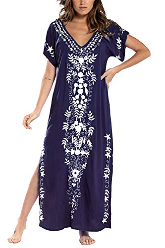 LikeJump Damen Bohemien Blumenstickerei Stickerei Bikini Cover Ups Übergröße Strandkleider Kaftan Kimono Badeanzug von LikeJump