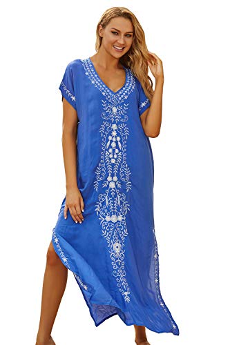 LikeJump Damen Bohemien Blumenstickerei Stickerei Bikini Cover Ups Übergröße Strandkleider Kaftan Kimono Badeanzug von LikeJump