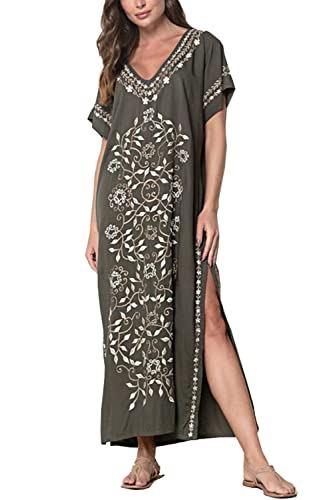 LikeJump Damen Bohemien Blumenstickerei Stickerei Bikini Cover Ups Übergröße Strandkleider Kaftan Kimono Badeanzug von LikeJump