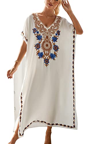 LikeJump Damen Bohemien Blumenstickerei Stickerei Bikini Cover Ups Übergröße Strandkleider Kaftan Kimono Badeanzug von LikeJump