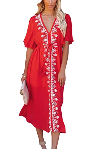 LikeJump Damen Bohemien Blumenstickerei Stickerei Bikini Cover Ups Übergröße Strandkleider Kaftan Kimono Badeanzug von LikeJump