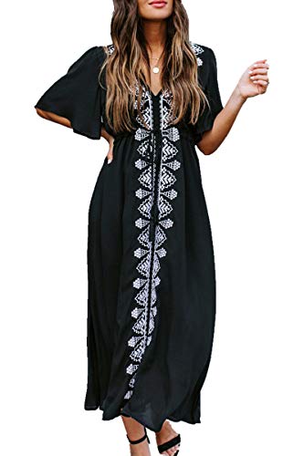 LikeJump Damen Bohemien Blumenstickerei Stickerei Bikini Cover Ups Übergröße Strandkleider Kaftan Kimono Badeanzug von LikeJump