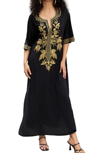 LikeJump Damen Bohemien Blumenstickerei Stickerei Bikini Cover Ups Übergröße Strandkleider Kaftan Kimono Badeanzug von LikeJump