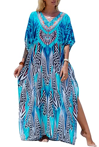 LikeJump Damen Bohemien V-Ausschnitt Kimono Maxi Kaftan Übergröße Strandkleider Kleid Badeanzug Cover Ups von LikeJump