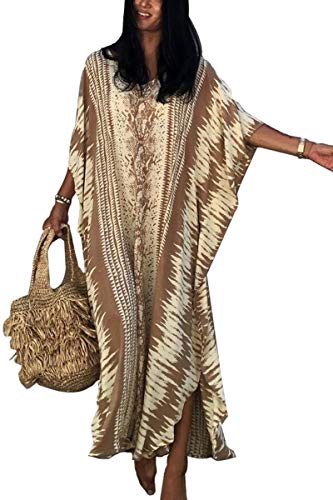 LikeJump Damen Bohemien V-Ausschnitt Kimono Maxi Kaftan Übergröße Strandkleider Kleid Badeanzug Cover Ups von LikeJump