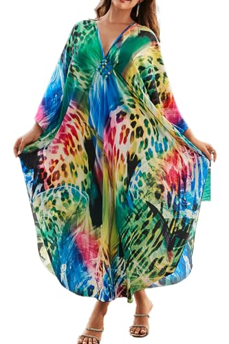 LikeJump Damen Bohemien V-Ausschnitt Kimono Maxi Kaftan Übergröße Strandkleider Kleid Badeanzug Cover Ups von LikeJump