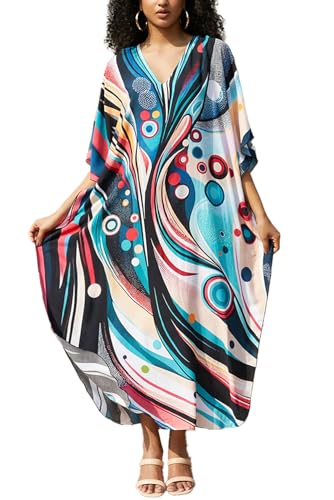 LikeJump Damen Boho Maxi Lang Kaftan Strand Cover Up Bademode Kimono Maxikleid Übergröße Tpos, B Mehrfarbig 1, One size von LikeJump
