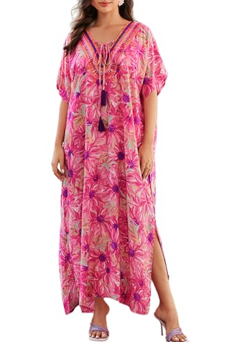LikeJump Damen Boho Maxi Lang Kaftan Strand Cover Up Bademode Kimono Maxikleid Übergröße Tpos, C Pink, One size von LikeJump