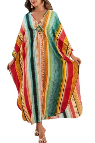 LikeJump Damen Boho Maxi Lang Kaftan Strand Cover Up Bademode Kimono Maxikleid Übergröße Tpos, Orange/Grün, One size von LikeJump