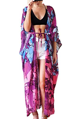 LikeJump Damen Chiffon Boho Kimono Maxi-Kleid Strandkleid Lang Sommerkleid Bikini Cover Up von LikeJump