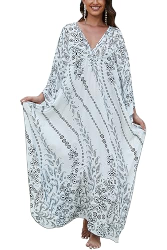 LikeJump Langes Kaftan-Nachthemd für Damen, geräumig, Homewear, übergroß, Maxi-Kimono-Vertuschung, Bademäntel, A Weiß 3, Einheitsgröße von LikeJump