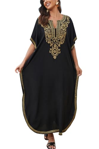 LikeJump Maxikleid für Damen, bestickt, lang, Kimono, Badeanzug, Überzug, D1 Schwarz 2, Einheitsgröße von LikeJump