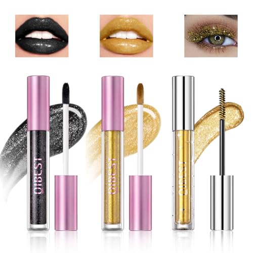 Likesing 3 Stück Lippenstift Schwarzer Glitzer Mascara Set Lipgloss 24 Stunden Halt Wimperntusche Lipstick Lip Gloss Long Lasting Lippenstift Schwarz Pink Lip Balm Make up Damen Lipgloss Geschenk von Likesing