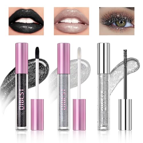 Likesing 3 Stück Lippenstift Schwarzer Glitzer Mascara Set Lipgloss 24 Stunden Halt Wimperntusche Lipstick Lip Gloss Long Lasting Lippenstift Schwarz Pink Lip Balm Make up Damen Lipgloss Geschenk von Likesing