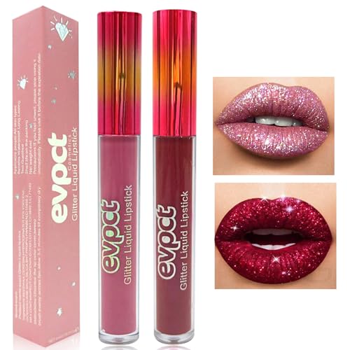 Likesing 2 Stück Glitzer Lippenstift Set Lipgloss 24 Stunden Halt Matte Lipstick Lip Gloss Long Lasting Lippenstift Pink Roter Nude Lip Balm Make up Damen Frauen Lipgloss Liquid Geburtstage Geschenk von Likesing