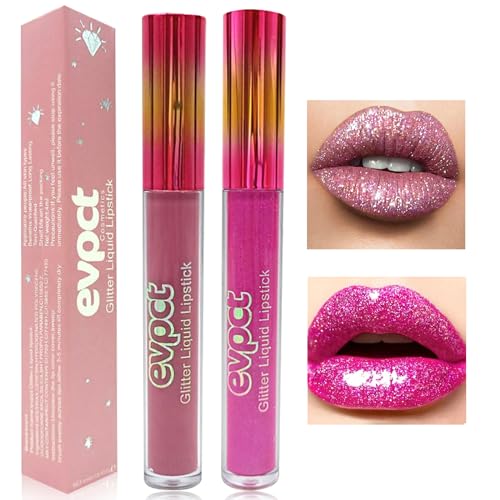 Likesing 2 Stück Glitzer Lippenstift Set Lipgloss 24 Stunden Halt Matte Lipstick Lip Gloss Long Lasting Lippenstift Pink Roter Nude Lip Balm Make up Damen Frauen Lipgloss Liquid Geburtstage Geschenk von Likesing