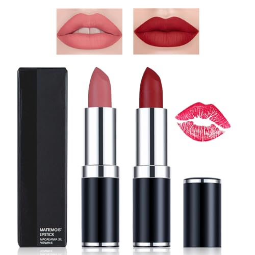 Likesing 2 Stück Lippenstift Set Lipgloss 24 Stunden Halt Matte Lipstick Lip Gloss Long Lasting Lippenstift Pink Roter Nude Lip Balm Make up Damen Frauen Lipgloss Geburtstage Weihnachten Geschenk von Likesing