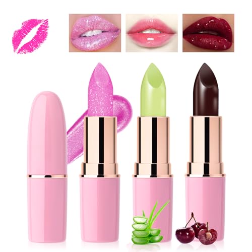 Likesing 3 Stück Glitzer Lippenstift Aloe Vera Rot Set Temperaturempfindlicher Faebverändernder Lipgloss 24 Stunden Halt Lipstick Magic Color Changing Lip Gloss Balm Make up Damen Frauen Geschenk von Likesing
