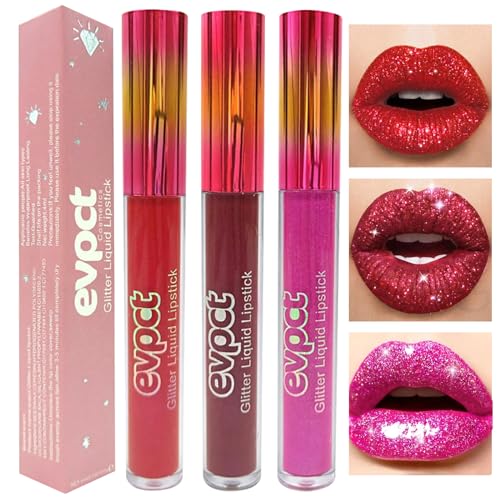 Likesing 3 Stück Glitzer Lippenstift Set Lipgloss 24 Stunden Halt Matte Lipstick Lip Gloss Long Lasting Lippenstift Pink Roter Nude Lip Balm Make up Damen Frauen Lipgloss Liquid Geburtstage Geschenk von Likesing