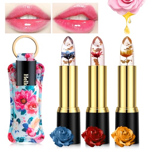 Likesing 3 Stück Lippenstift Set Blumen Temperaturempfindlicher Faebverändernder 1 Lippenstift Halter Magic Lip Balm Farbwechselnder Lippenstift Jelly Flower Color Changing Lipstick Mädchen Geschenk von Likesing