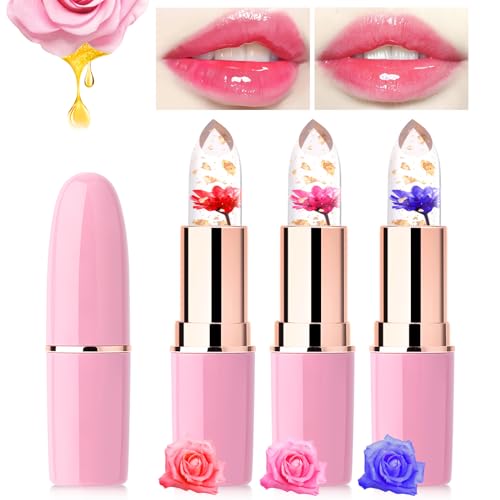 Likesing 3 Stück Lippenstift Set Blumen Temperaturempfindlicher Faebverändernder Pink Magic Lip Farbwechselnder Lippenstift Crystal Jelly Flower Color Changing Lipstick Lip Balm Geschenk Mädchen von Likesing