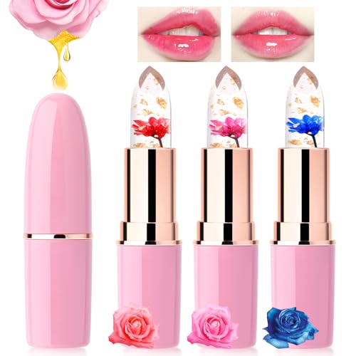 Likesing 3 Stück Lippenstift Set Blumen Temperaturempfindlicher Faebverändernder Pink Magic Lip Farbwechselnder Lippenstift Crystal Jelly Flower Color Changing Lipstick Lip Balm Geschenk Mädchen von Likesing