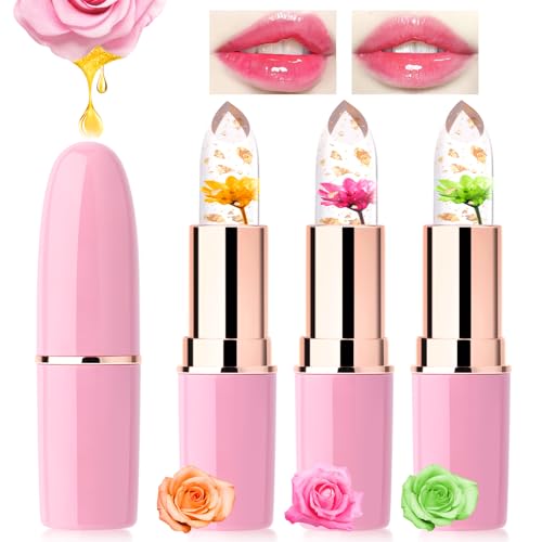 Likesing 3 Stück Lippenstift Set Blumen Temperaturempfindlicher Faebverändernder Pink Magic Lip Farbwechselnder Lippenstift Crystal Jelly Flower Color Changing Lipstick Lip Balm Geschenk Mädchen von Likesing
