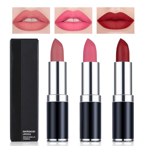 Likesing 3 Stück Lippenstift Set Lipgloss 24 Stunden Halt Matte Lipstick Lip Gloss Long Lasting Lippenstift Pink Roter Nude Lip Balm Make up Damen Frauen Lipgloss Geburtstage Weihnachten Geschenk von Likesing