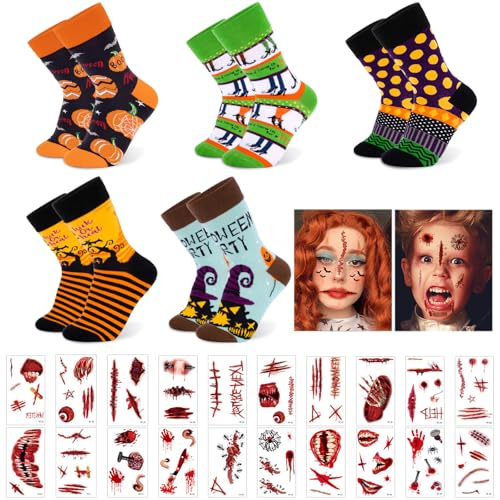 Likesing 5 Paar Halloween Socken Damen Frauen 30 Blatt Halloween Tattoo Gesicht Sticker Narben Wunden Gesichtstattoo Aufkleber Lustige Bunte Socken Winter Mädchen Cute Socks Halloween Accessoires von Likesing