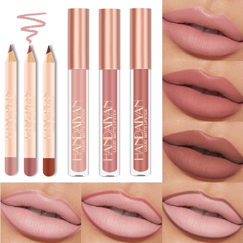 Likesing 6 Stück Lipliner Set Lippenstift Nude Pink Matte Lipstick Permanent Lip Liner Balm Lipgloss Roter 24 Stunden Long Lasting Lips Make up Kits Madame Geschenk (6 Stück (Lippenstift+Lipliner)) von Likesing