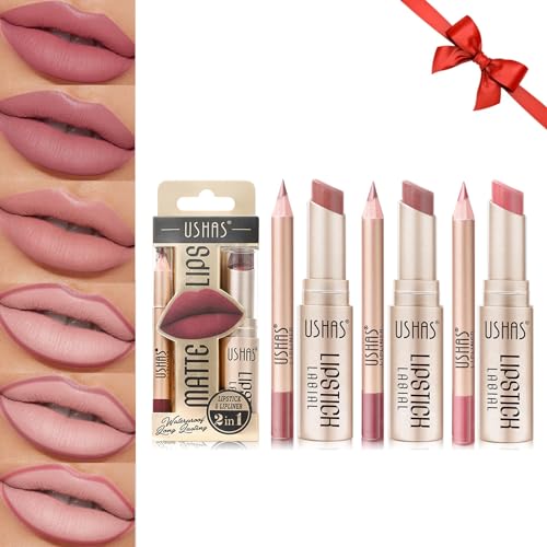 Likesing 6 Stück Lipliner Set Lippenstift Nude Pink Matte Lipstick Permanent Lip Liner Lip Balm Lipgloss Roter Lippenstift 24 Stunden Long Lasting Lips Make up Kits Madame Geburtstage Geschenk von Likesing