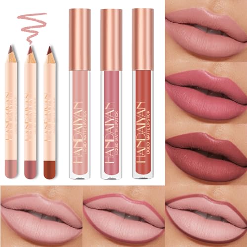 Likesing 6 Stück Lipliner Set Lippenstift Nude Pink Matte Lipstick Permanent Lip Liner Lip Balm Lipgloss Roter Lippenstift 24 Stunden Long Lasting Lips Make up Kits Madame Geschenk Geburtstage von Likesing