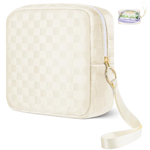 Likesing Verbesserte 13,5 cm karierte Perioden-Tasche, beige Damenbinden-Aufbewahrungstasche mit Handgelenkschlaufe für Mädchen und Frauen, verdickte, tragbare Mini-Kulturbeutel, kleine von Likesing