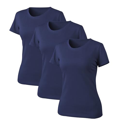 Liking 3er Pack Basic Tshirt Damen Baumwolle Kurzarm Damen T-Shirt Basic Tshirt Damen Casual Rundhalsausschnitt Tops Damen Tshirt Basic Baumwolle Set Marineblau 6101-UN3-XL-3 von LiKing