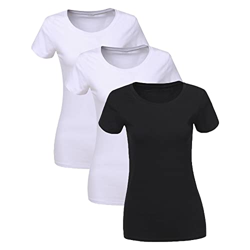 Liking Damen T-Shirt Schwarz oder Weißes Tshirt Damen Kurzarm Basic Sommer Oberteile Damen Basic Tshirt Damen Baumwolle Tshirt Weiss Damen 3er Pack BWH-L-3 von LiKing