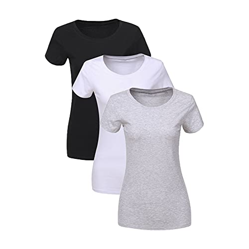 Liking Basic Tshirt Damen,Damen Basic Kurzarm Crop Top Casual Rundhalsausschnitt Tops Damen Tshirt Basic Baumwolle Set Schwarzes Tshirt Damen Weiss Graue 3er Pack BWG-M-3 von LiKing