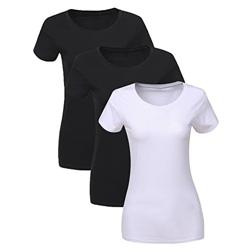 Liking 3er Pack Damen T-Shirt schwarz oder weiß Kurzarm Basic Sommer T-Shirts,Damen Baumwolle Elegant Oberteile Damen T-Shirt Basic Baumwolle Set,T Shirts Damen 6101-BLW-M-3 von Liking