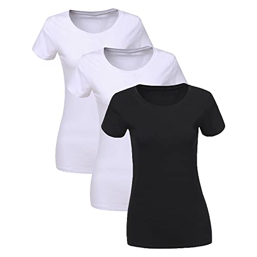 Liking 3er Pack Damen T-Shirt schwarz oder weiß Kurzarm Basic Sommer T-Shirts,Damen Baumwolle Elegant Oberteile Damen T-Shirt Basic Baumwolle Set,T Shirts Damen 6101-BWH-M-3 von Liking