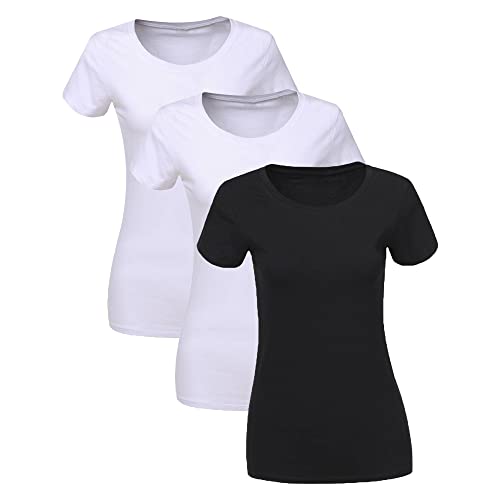Liking 3er Pack Damen T-Shirt schwarz oder weiß Kurzarm Basic Sommer T-Shirts,Damen Baumwolle Elegant Oberteile Damen T-Shirt Basic Baumwolle Set,T Shirts Damen 6101-BWH-S-3 von Liking
