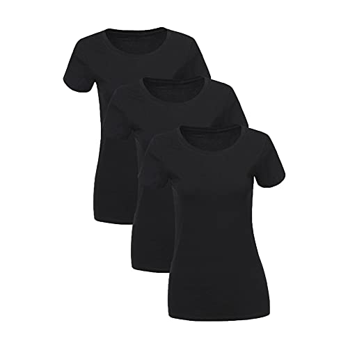 Liking Damen T-Shirt Baumwolle Kurzarm Basic Sommer Rundhals T-Shirts Oberteile Top Bluse 3er Pack Tshirt Schwarz Damen Sommer Baumwolle BL-M von LiKing