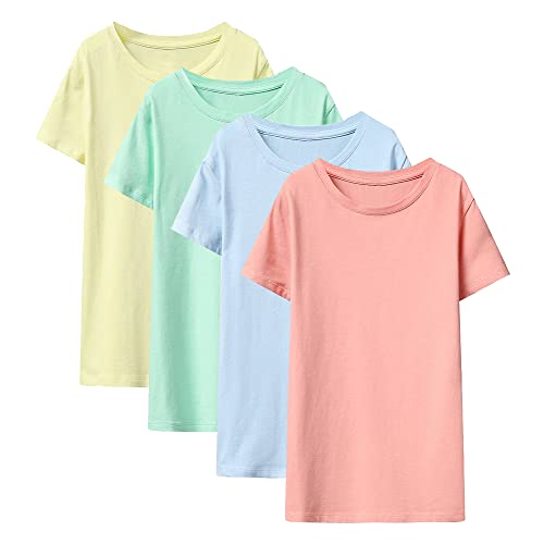 LiKing Mädchen T-Shirts Baumwolle Kurzärmelige Kurzarm Sommer Oberteil Kinder Einfarbige Top 4er-Pack Mehrfarbig 7601UN1 122-128 von LiKing