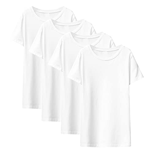 LiKing Mädchen T-Shirts Baumwolle Kurzärmelige Kurzarm Sommer Oberteil Kinder Einfarbige Top 4er-Pack Weiß 7601WH 158-164 von LiKing