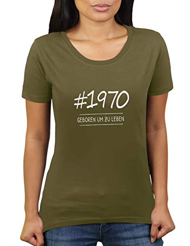 Geboren 1970 um zu Leben - Geburtstagsgeschenk für im Jahr 1970 Geborene - Jahrgang siebzig - Damen T-Shirt von KaterLikoli, Gr. L, Olive von Likoli