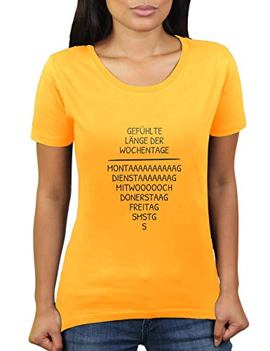 Gefühlte länge der Wochentage - Ich Hasse Montage - Weekend ich komme - Lustiges Office Outfit - Damen T-Shirt von KaterLikoli, Gr. S, Gold Yellow von Likoli