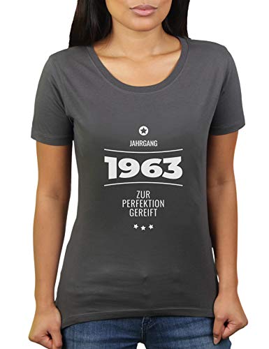 Jahrgang 1963 - zur Perfektion gereift - Geburtstagsgeschenk für im Jahr 1963 Geborene - Geburtstag - Damen T-Shirt von KaterLikoli, Gr. XL, Anthrazit von Likoli
