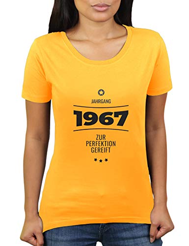 Jahrgang 1967 - zur Perfektion gereift - Geburtstagsgeschenk für im Jahr 1967 Geborene - Geburtstag - Damen T-Shirt von KaterLikoli, Gr. L, Gold Yellow von Likoli