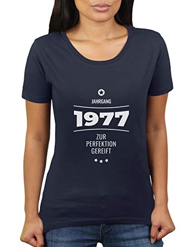 Jahrgang 1977 - zur Perfektion gereift - Geburtstagsgeschenk für im Jahr 1977 Geborene - Geburtstag - Damen T-Shirt von KaterLikoli, Gr. L, French Navy von Likoli